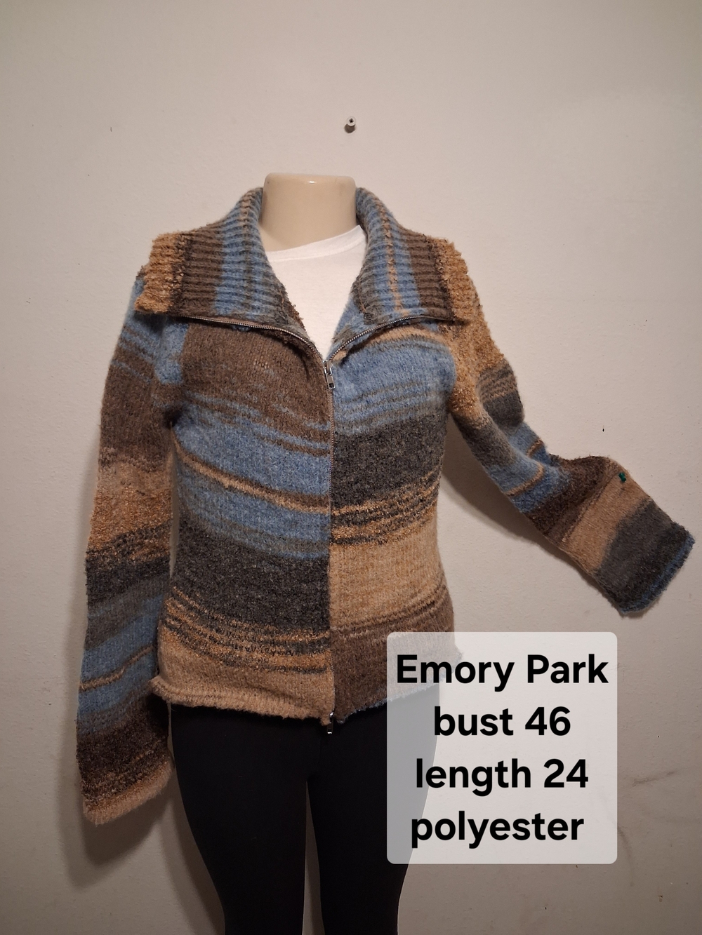 emory park Striped Zip-Up Cardigan in Blue, Brown & Tan